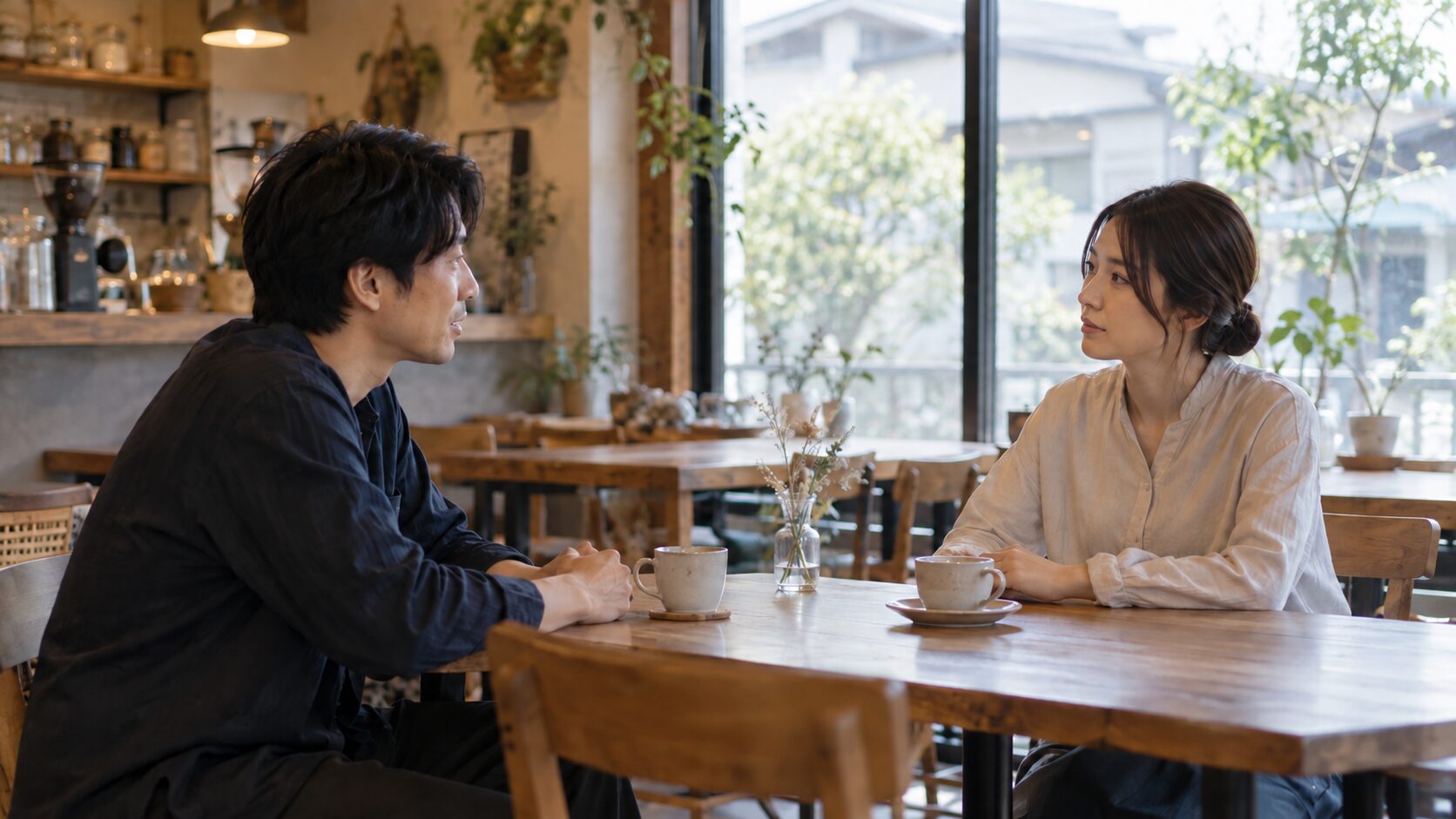 カフェのテーブル越しに適度な距離を保って話す二人