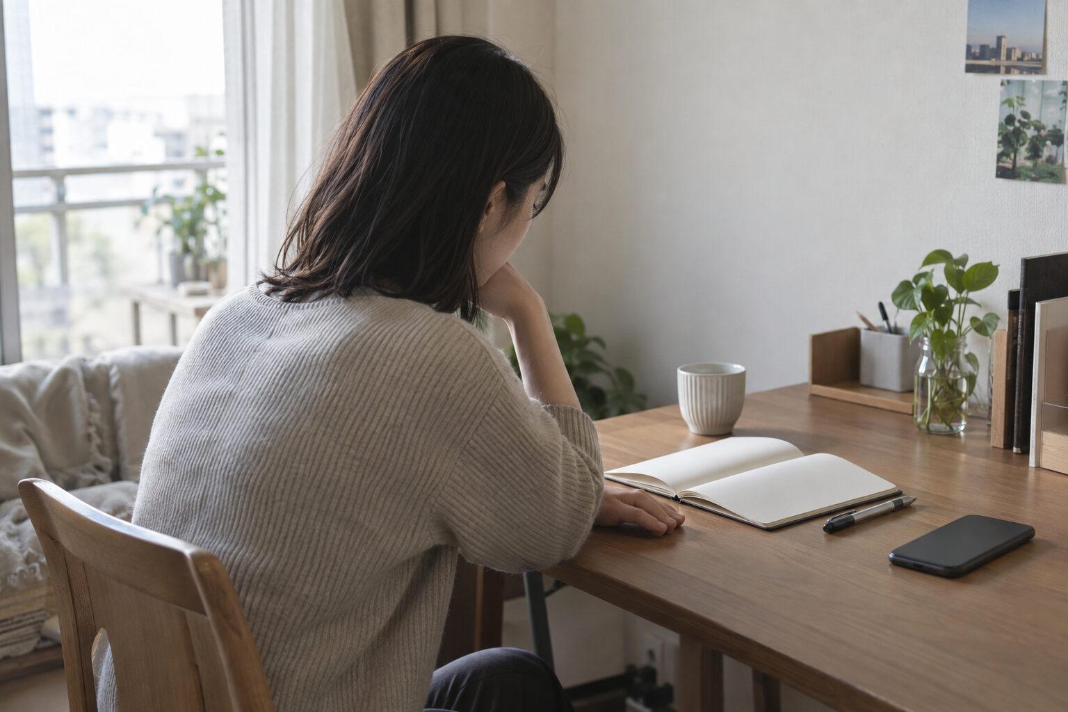自宅の机でノートを開き、伝える言葉を考える女性