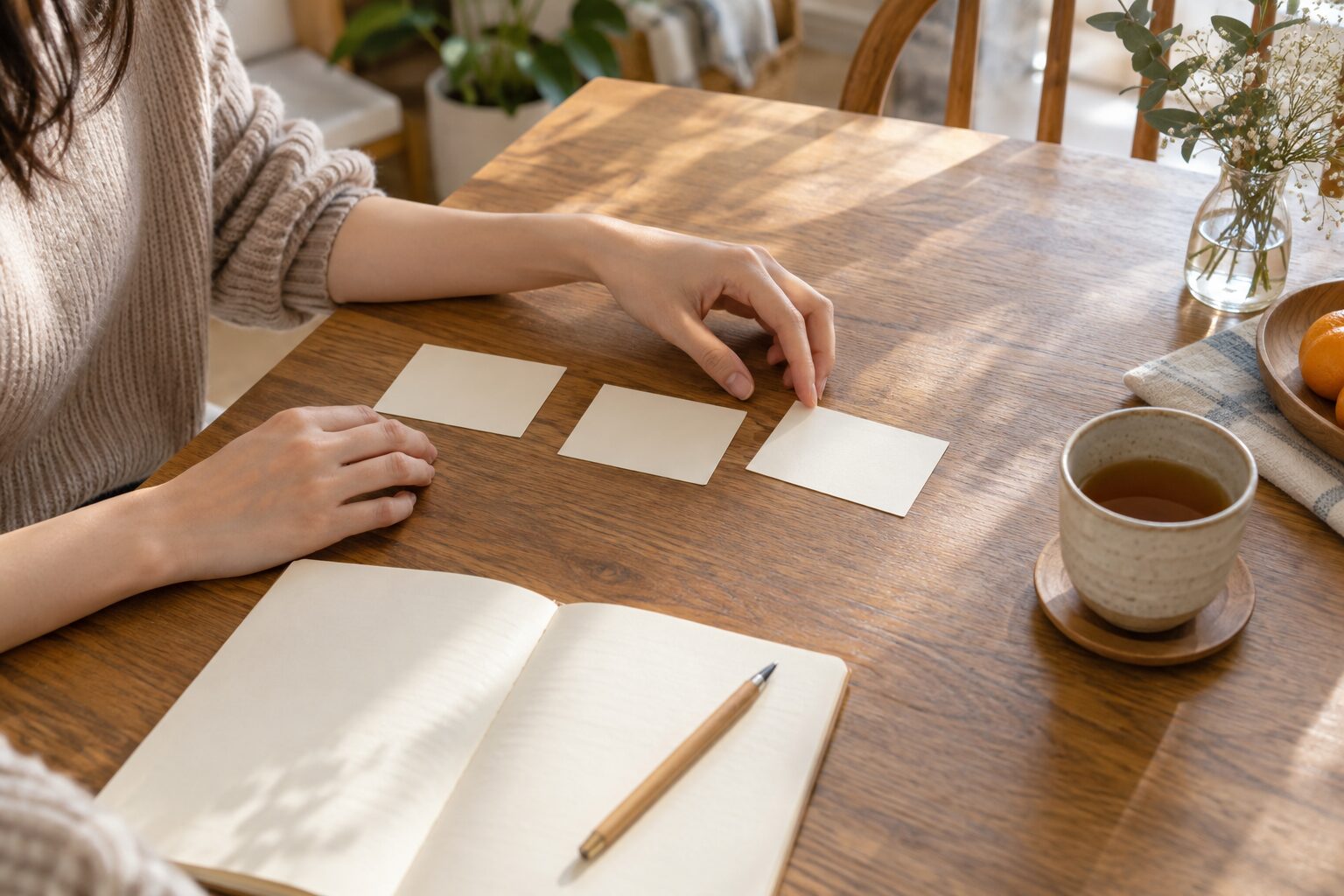 日差しの入る机でカードを並べ、希望条件を整理する女性の手元