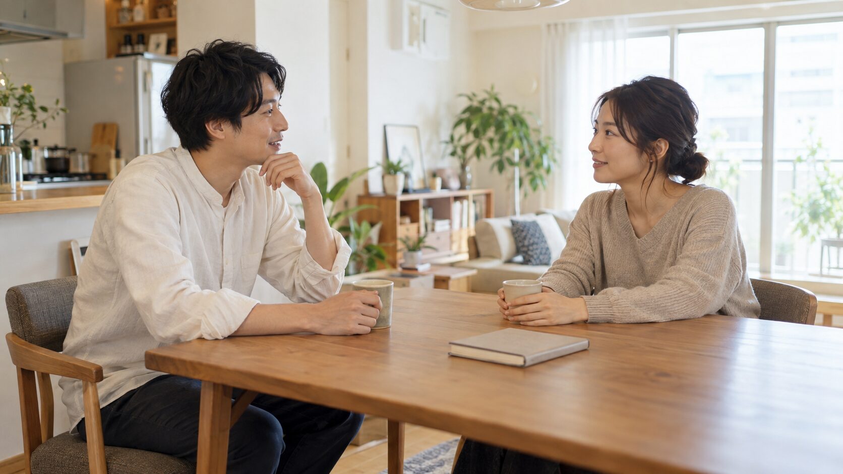 明るい自宅のテーブルで向かい合い、穏やかに将来について話す二人