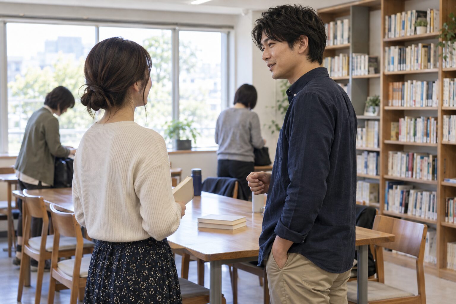 読書会の後、明るい集会室で本を手に短い会話を交わす二人
