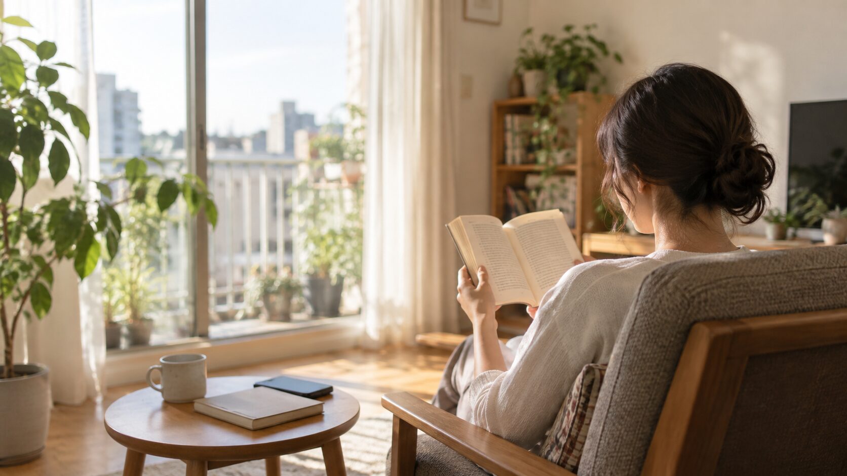 窓辺の椅子で本を読む女性と、机に置いた手帳、スマートフォン、マグカップ