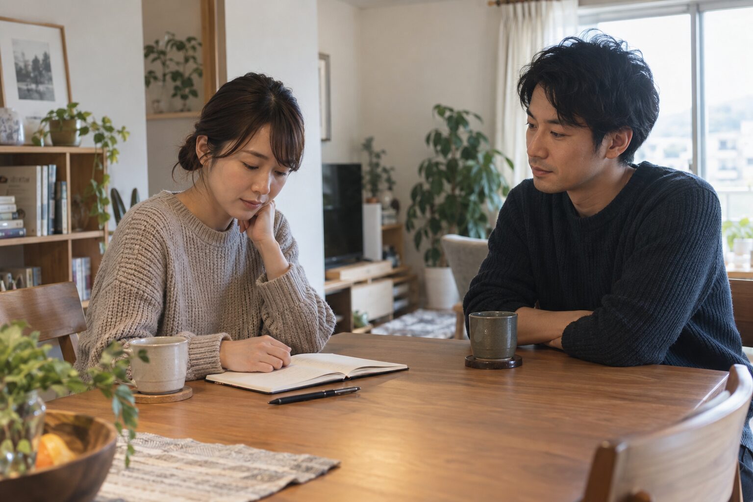 自宅のテーブルでノートを見ながら考える女性と、落ち着いて待つ男性