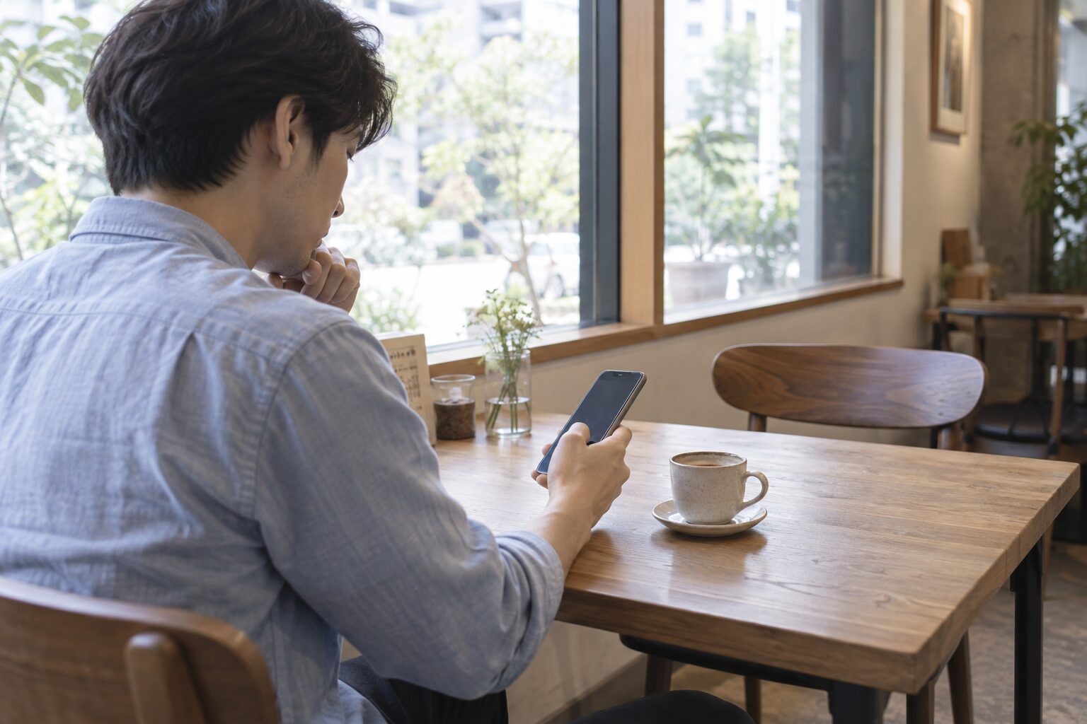 カフェの窓際でスマートフォンを見ながら返事を考える男性
