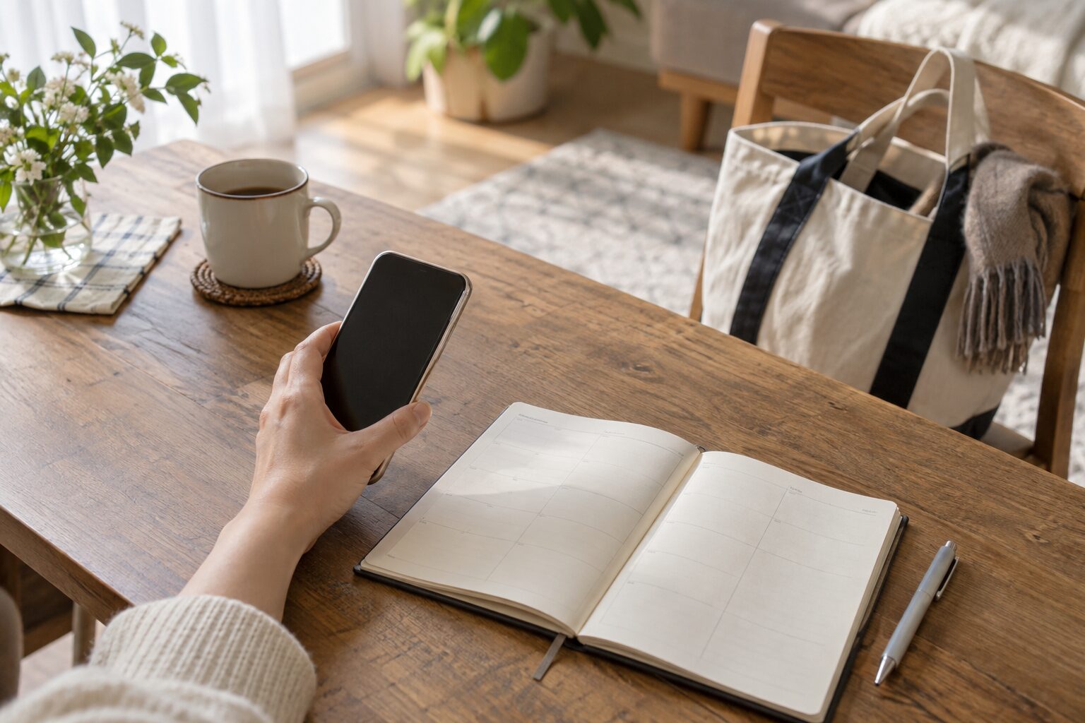 自宅のテーブルでスマートフォンと手帳を使い予定を整理する手元