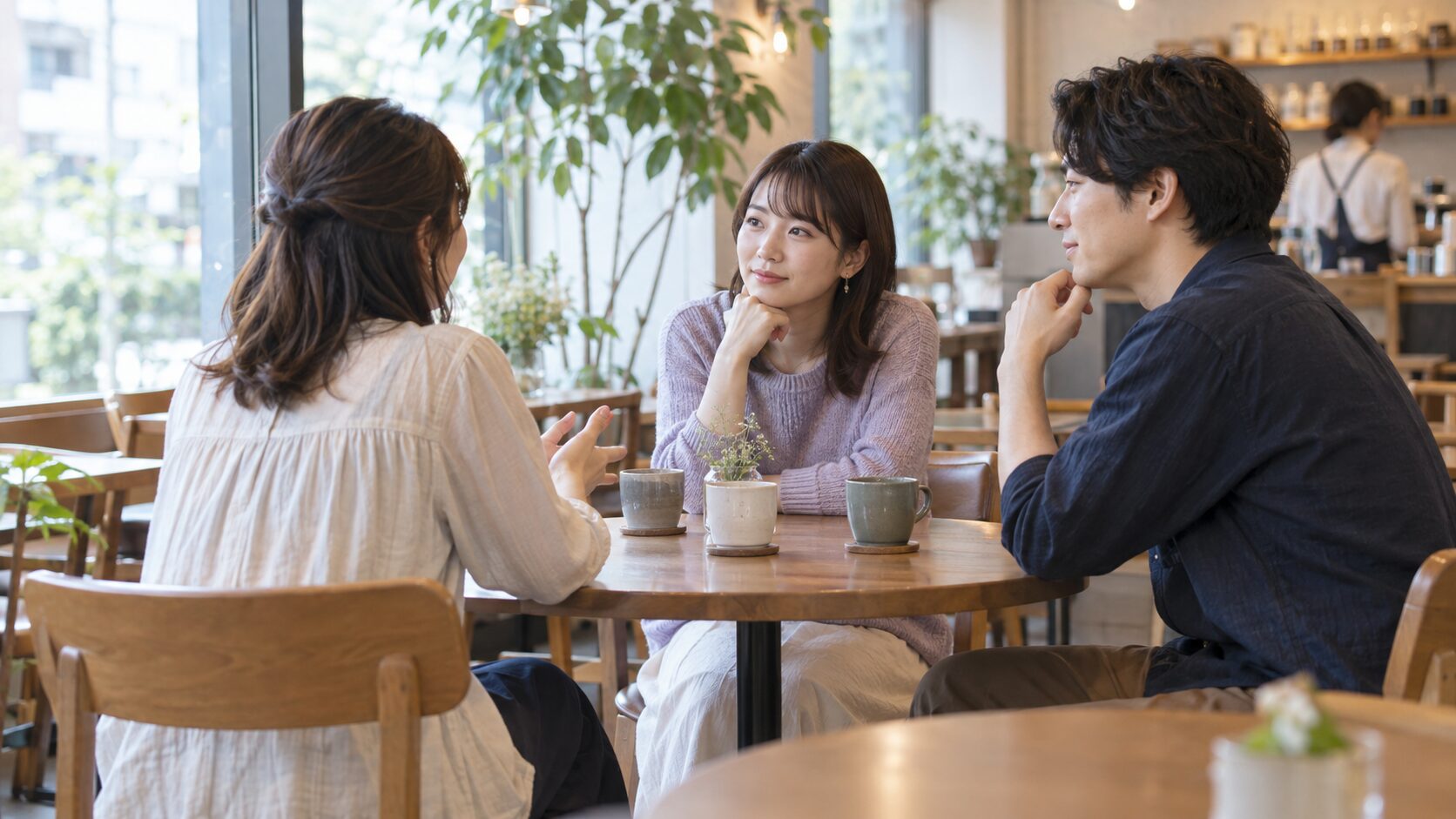 日本のカフェで適度な距離を保ちながら落ち着いて話す三人の友人