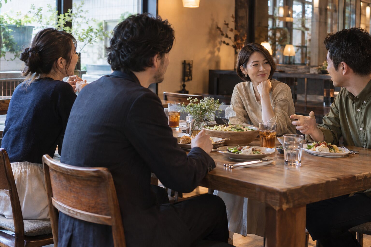 日本の飲食店で食事をしながら落ち着いて会話をする四人の大人