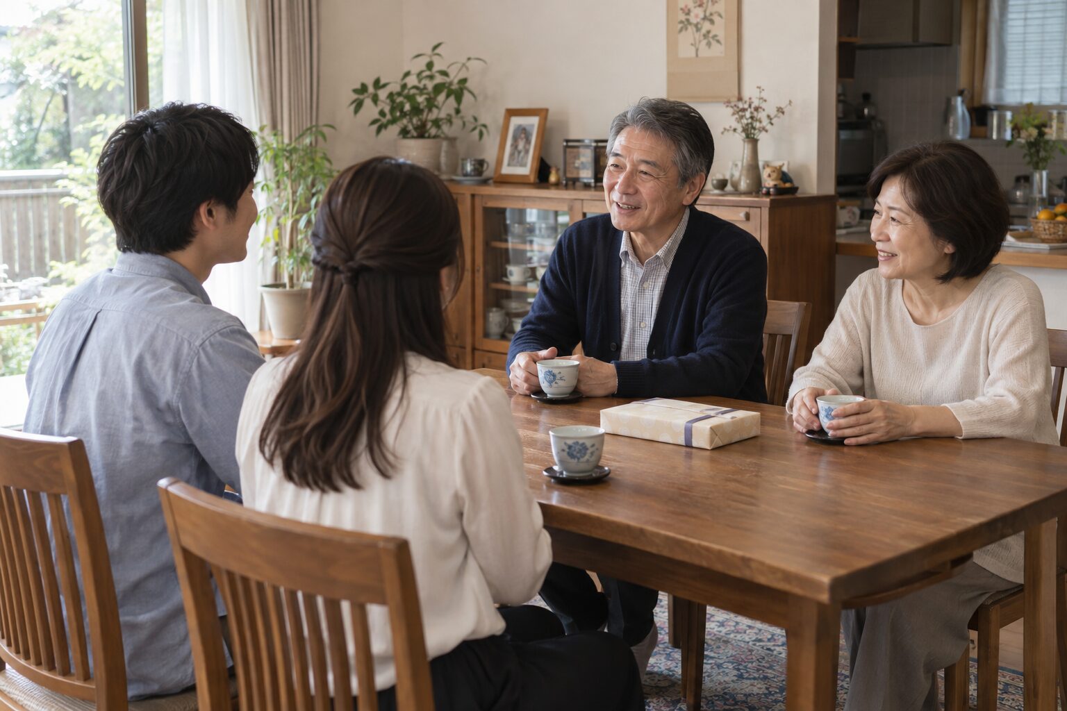 日本の家庭で恋人とその親が卓を囲み、穏やかに会話している様子