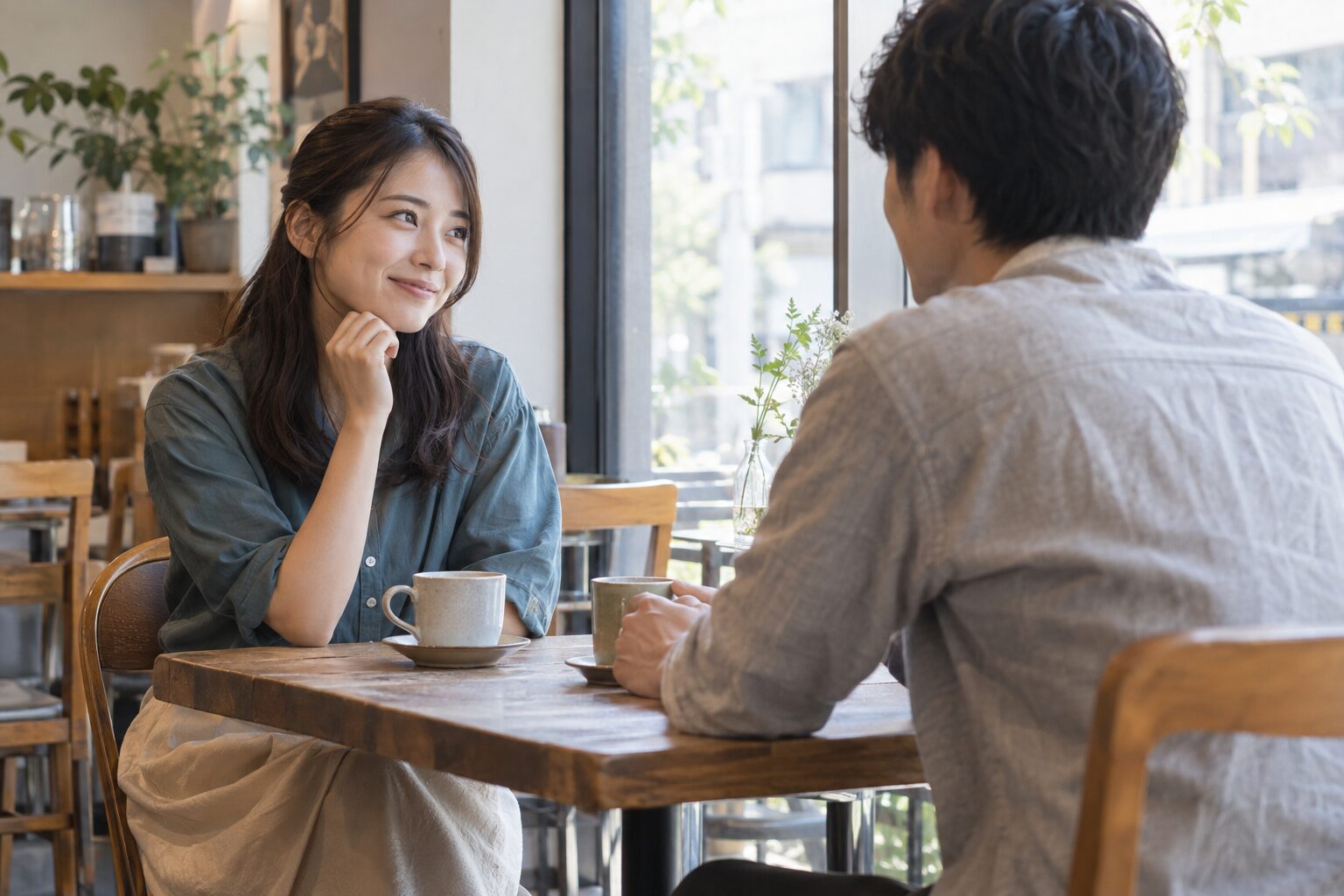 カフェで向かい合い、穏やかな笑顔で会話をする二人