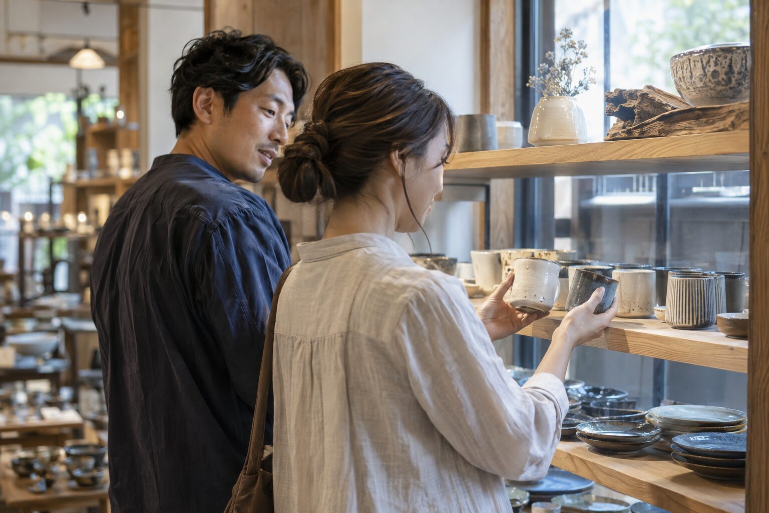 生活雑貨店で棚のカップを一緒に見ながら相談する二人
