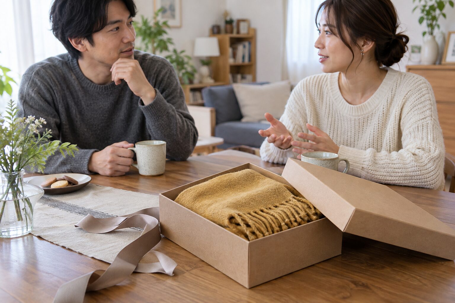 贈られたマフラーの箱を前に、家のテーブルで穏やかに話す二人