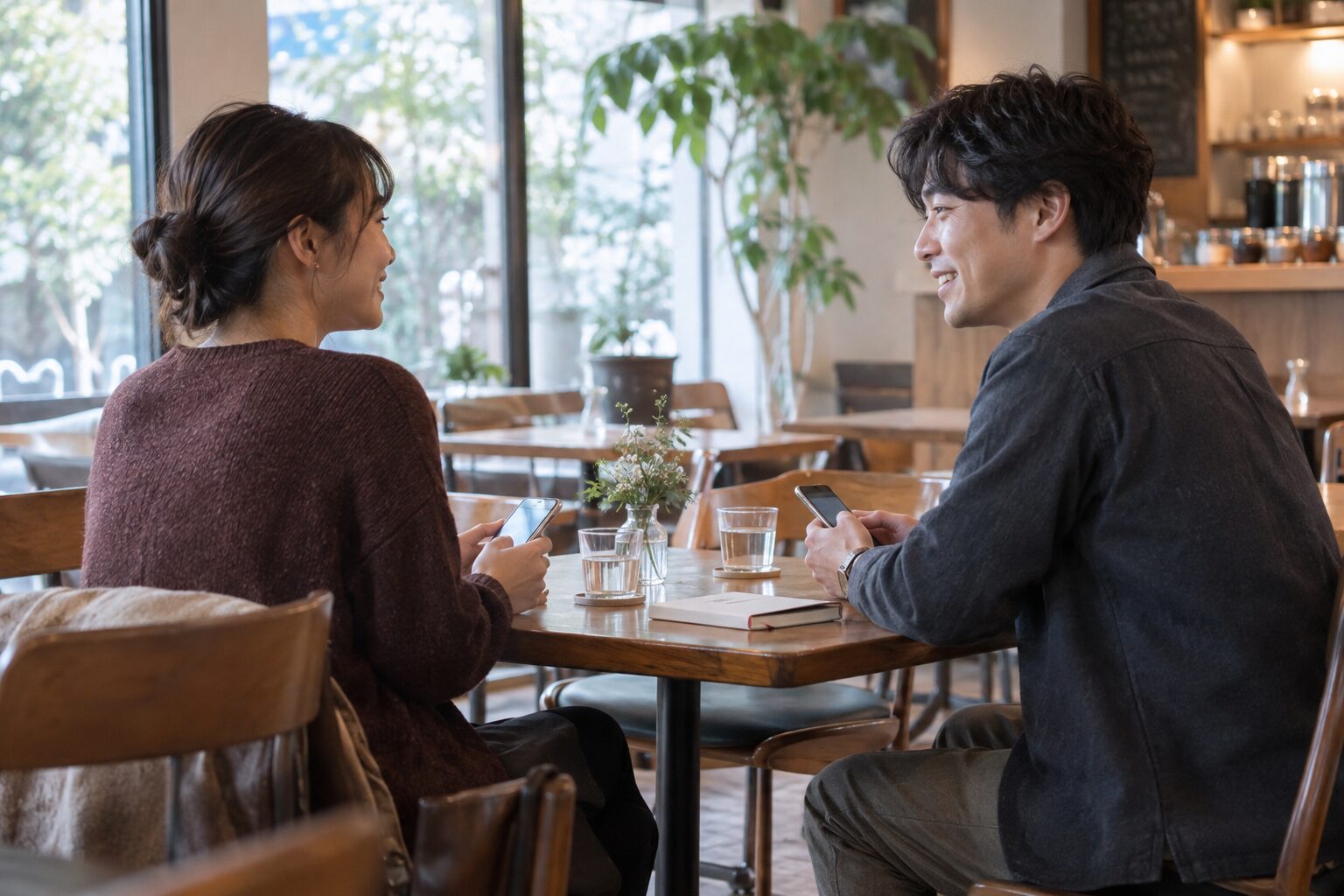 カフェのテーブルで各自のスマートフォンを持ち、穏やかに話す二人