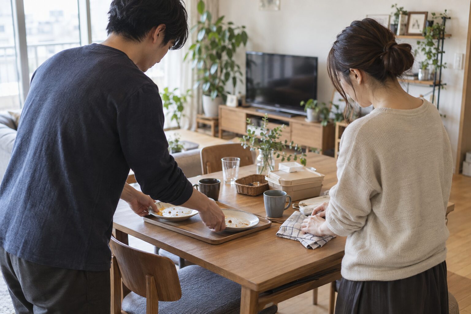 自宅の食卓で、食後の食器とテーブルを二人で片付ける恋人たち