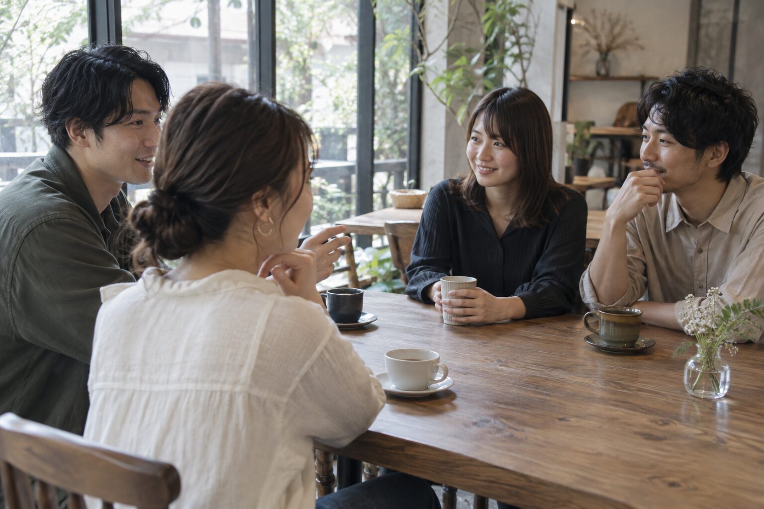 明るいカフェで、恋人と友人たちの会話に耳を傾ける女性