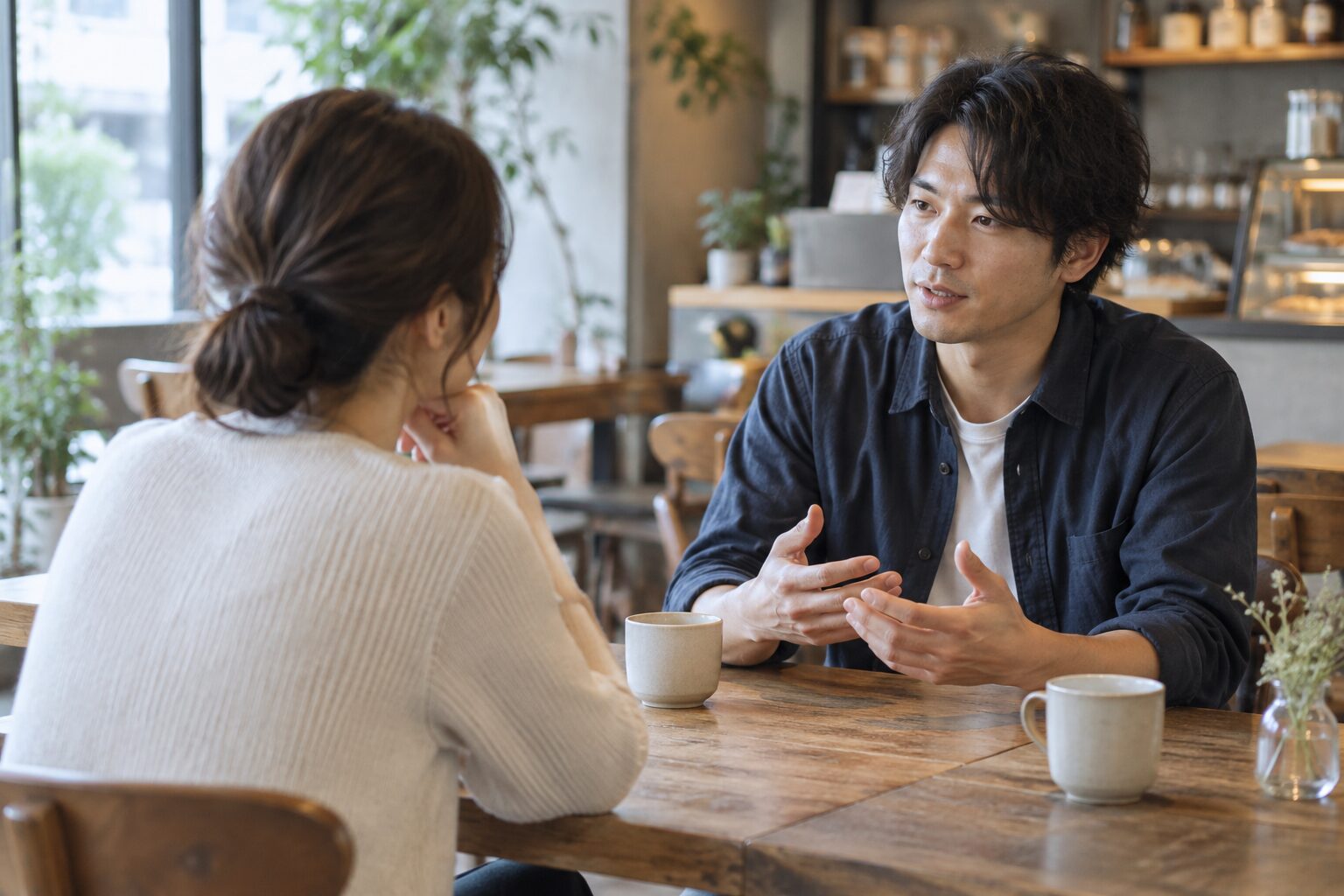 カフェで向かい合い、友人の話を落ち着いて聞く女性