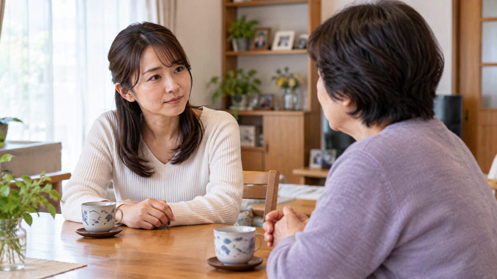 自宅の食卓で紹介の話について落ち着いて話し合う成人の娘と母親