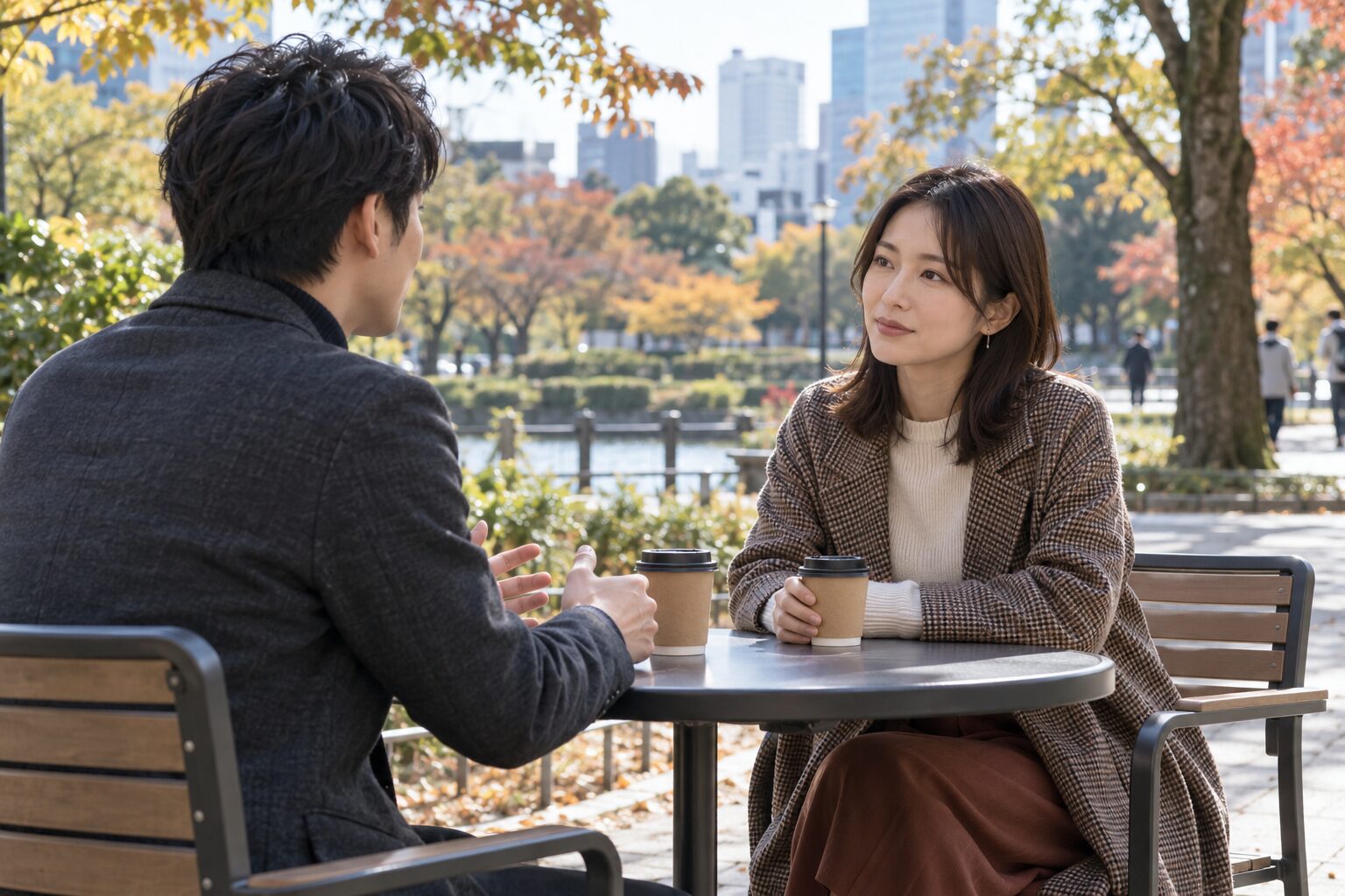 昼間の屋外カフェで落ち着いて向かい合い話す成人の友人二人