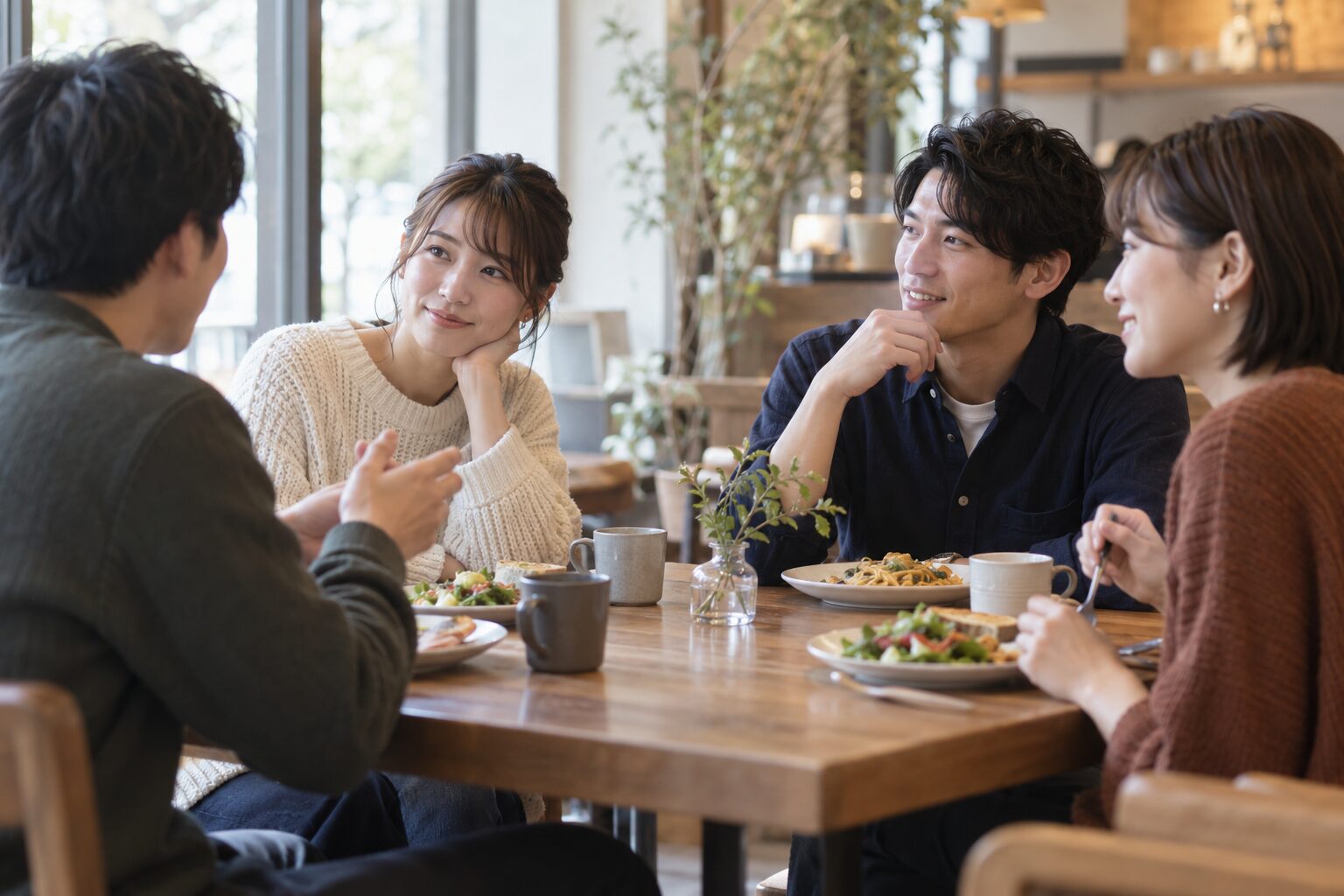 明るいカフェで昼食を囲み会話する二組の成人カップル