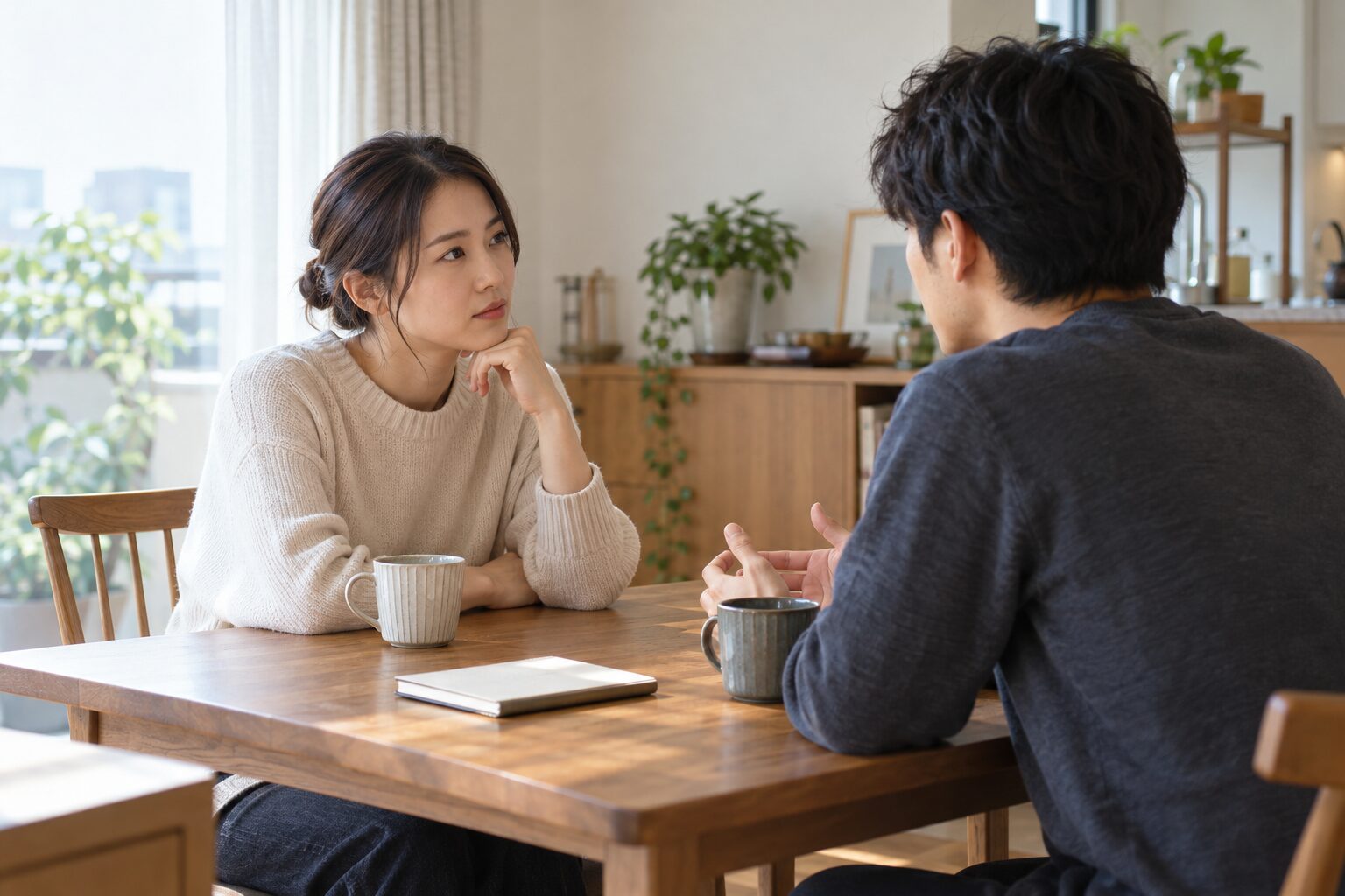 自宅のテーブルで私的な話の扱いについて落ち着いて話す二人