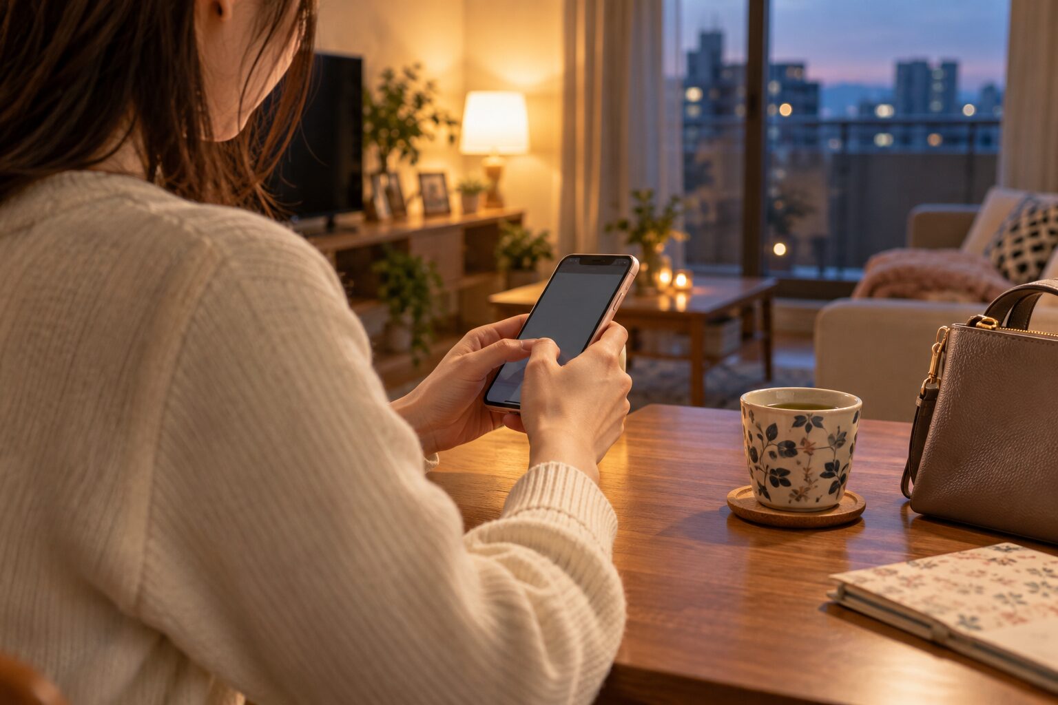 帰宅後の自宅でスマートフォンを手に連絡を考える女性