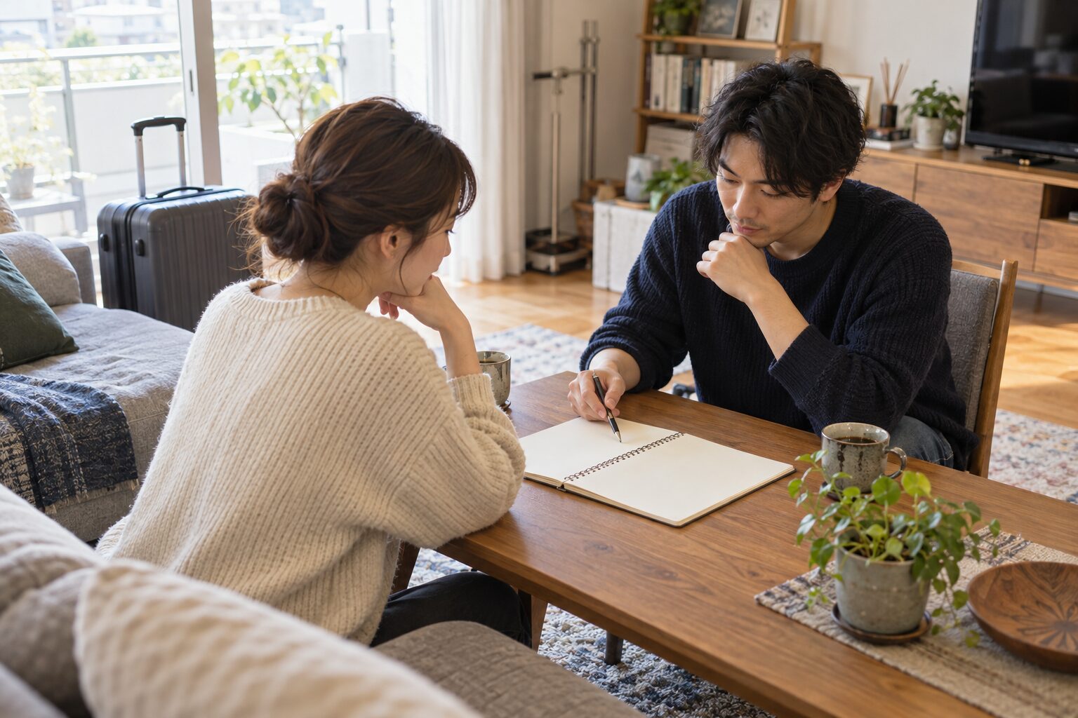 転勤後の暮らしについて自宅でノートを見ながら相談する二人