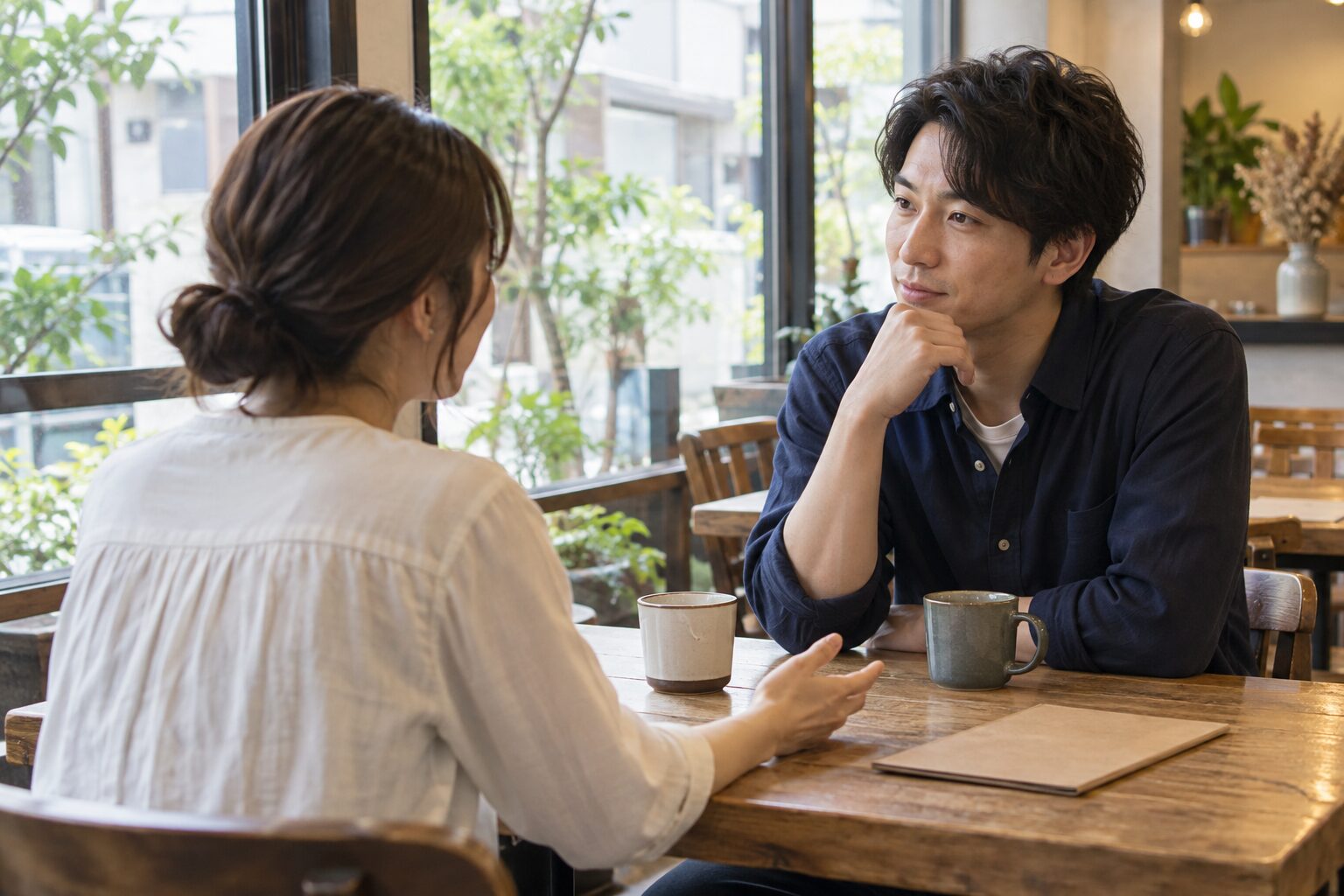 カフェで自分の感想を話す女性と落ち着いて聞く男性