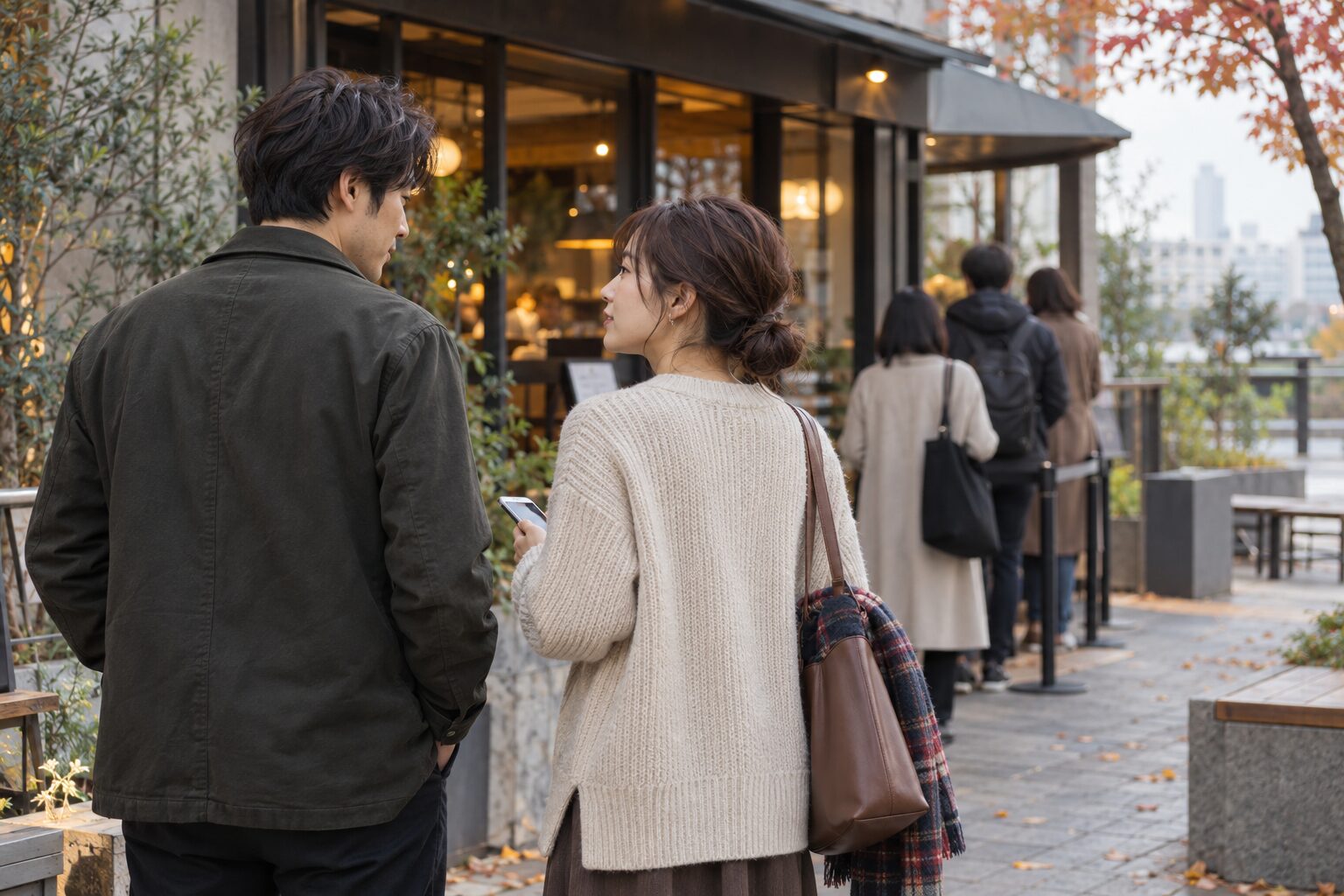 カフェ前の行列のそばで待つかどうかを相談する二人