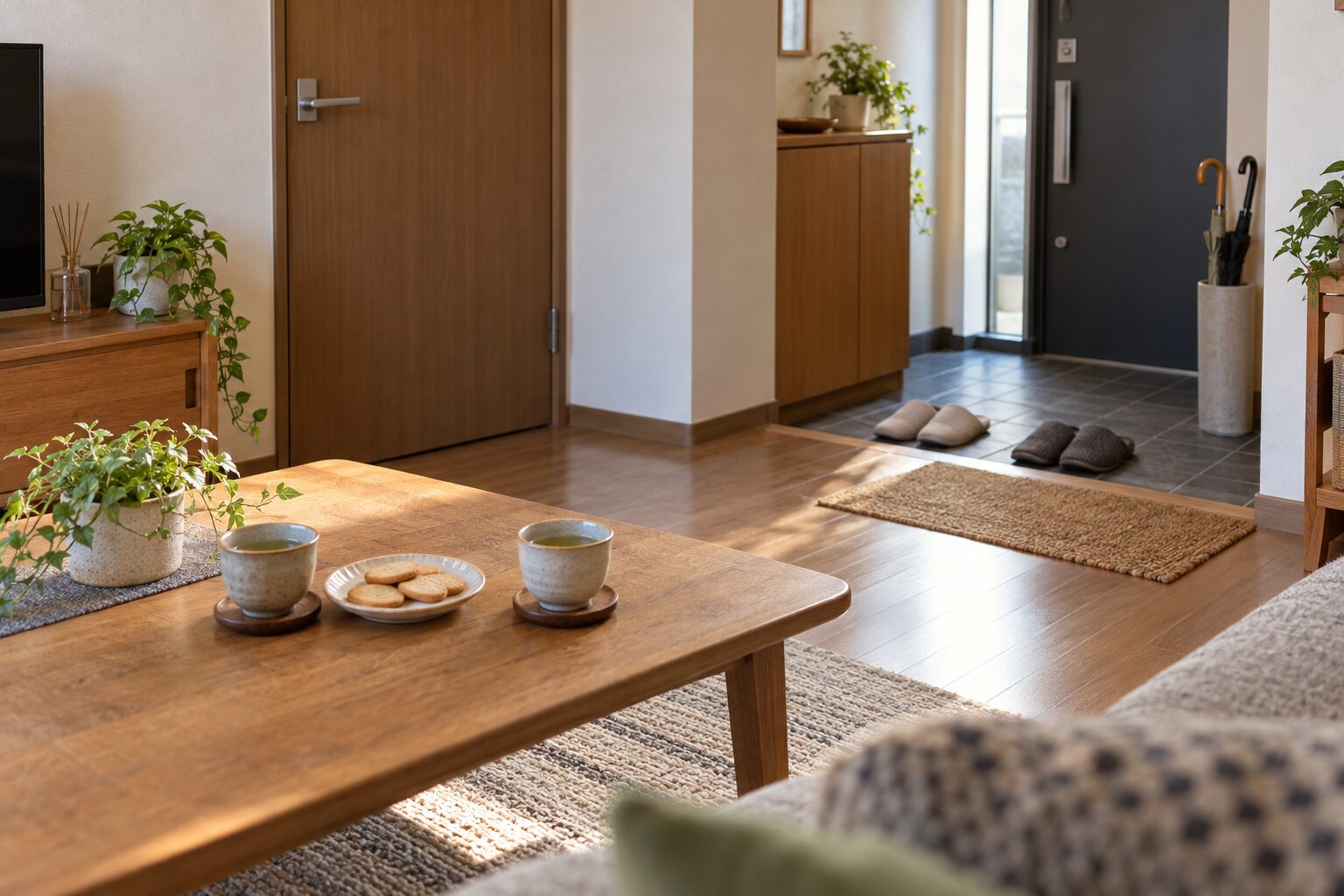 お茶を用意したテーブルと来客用のスリッパがある日本の住まい