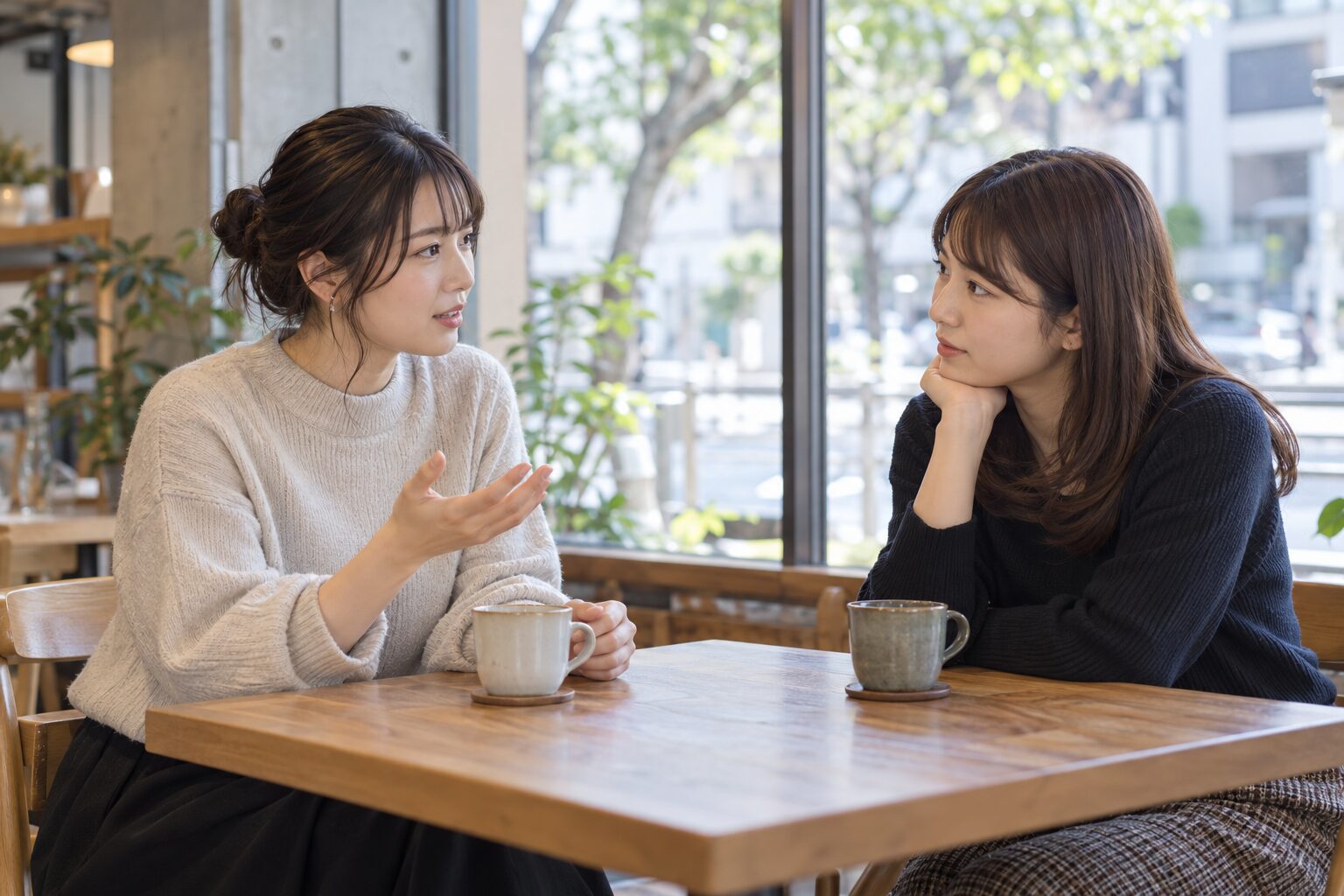 明るいカフェで友人に落ち着いて希望を伝える女性