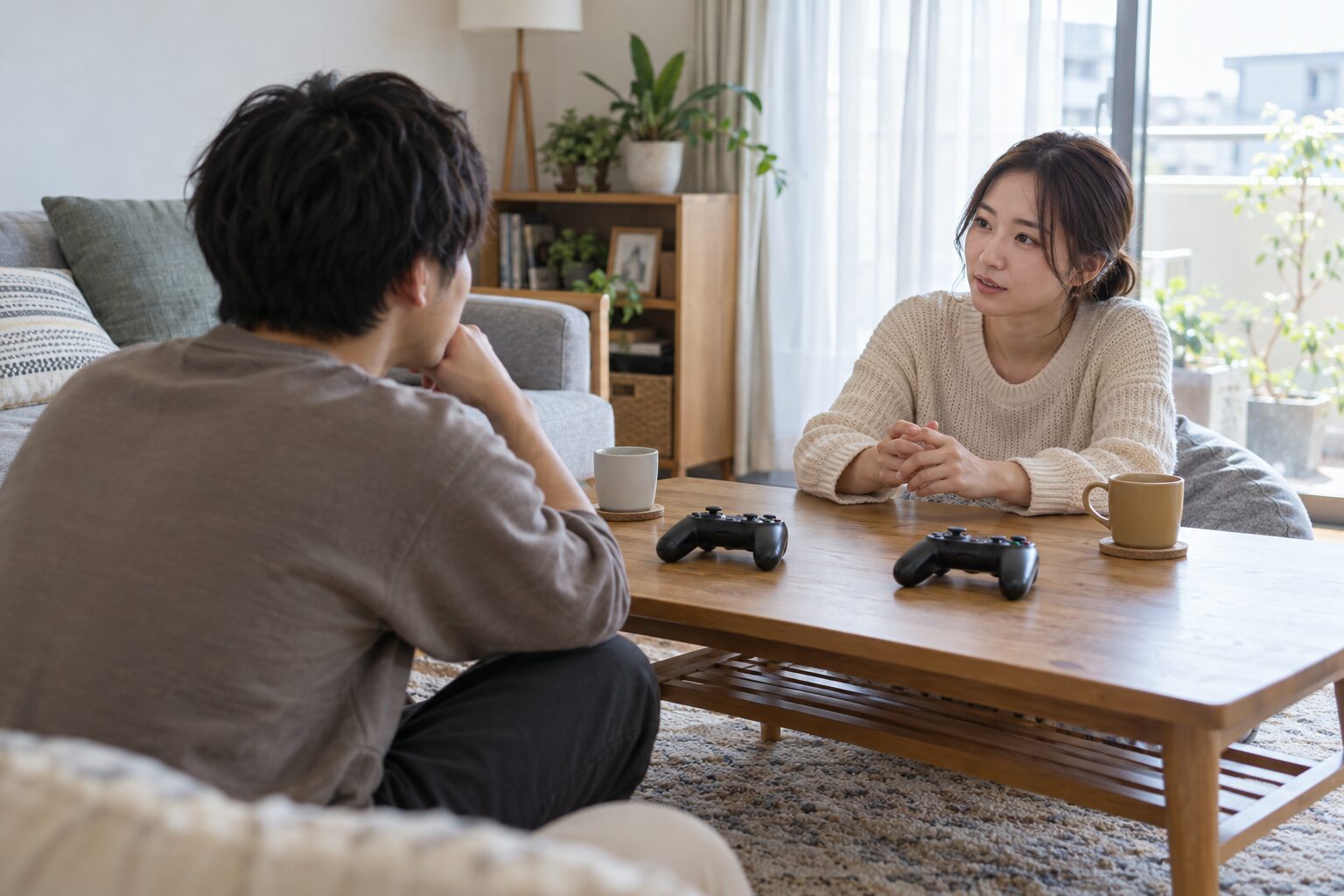 ゲームのコントローラーを置き、明るい部屋で落ち着いて話す二人