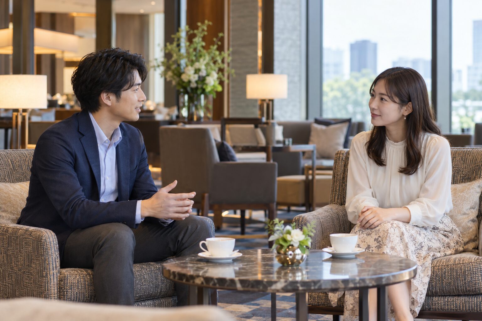 明るいホテルのラウンジで向かい合い、落ち着いて会話する男女