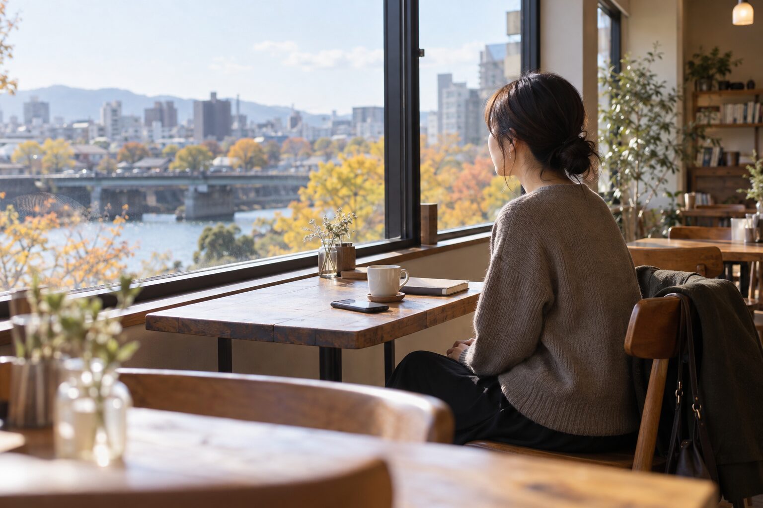 カフェでスマートフォンを置き、窓の外を静かに眺める女性