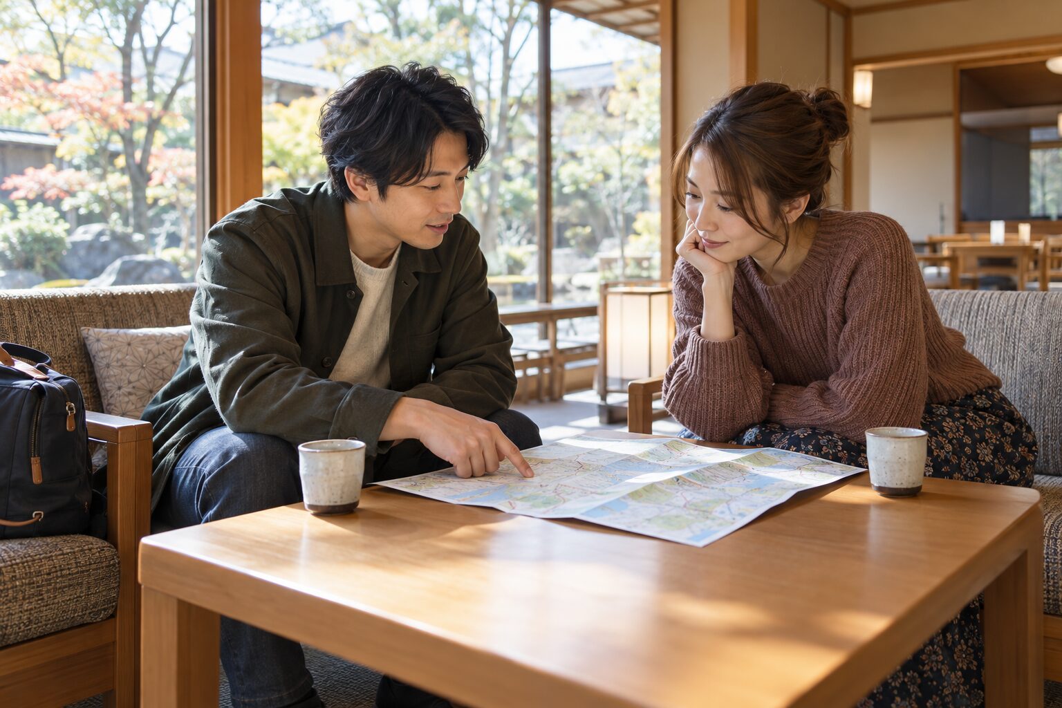 旅先の宿のラウンジで地図を広げ、観光の予定を相談する二人