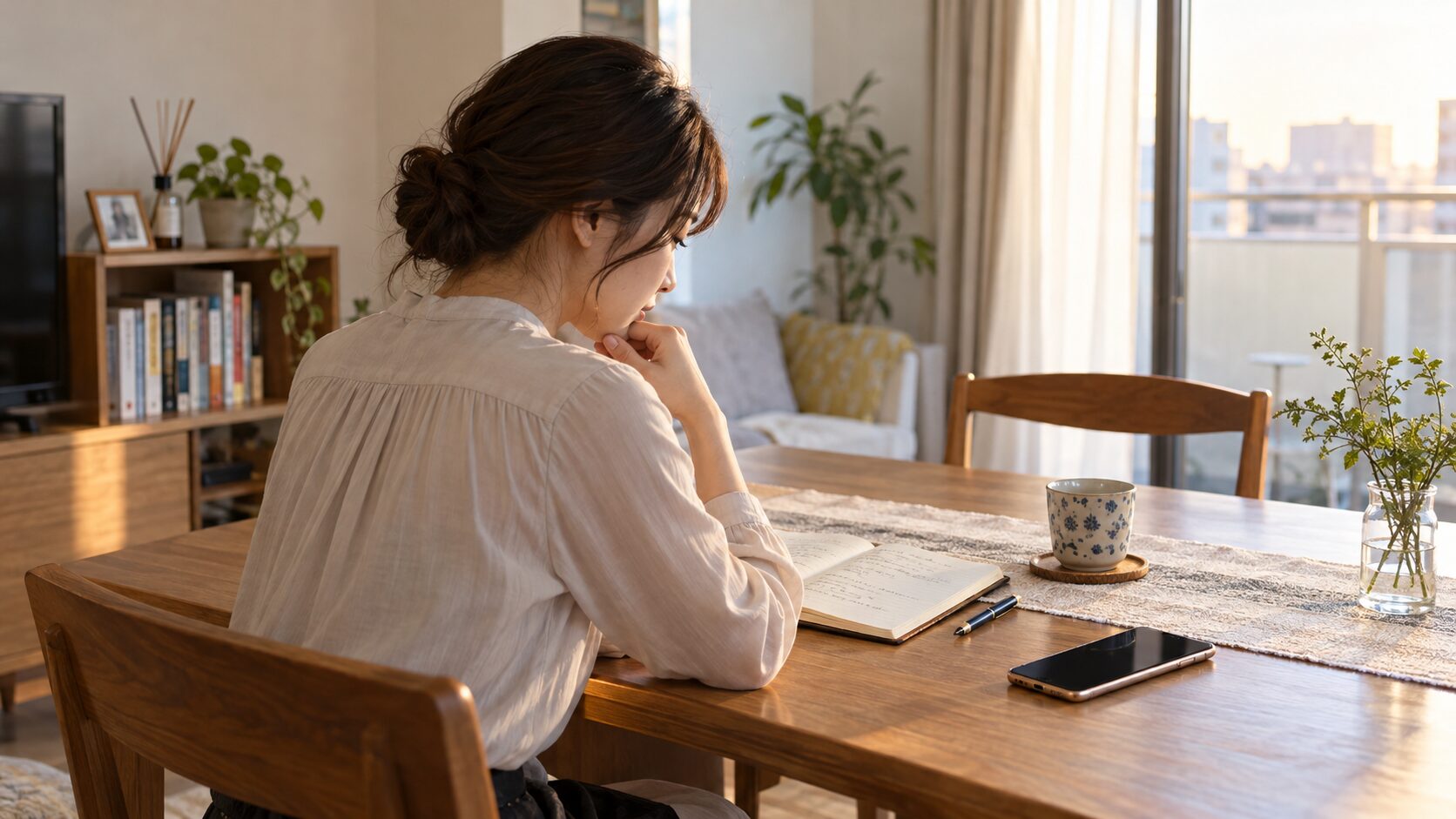自宅のテーブルでノートを見ながら、お見合い後の気持ちを振り返る女性