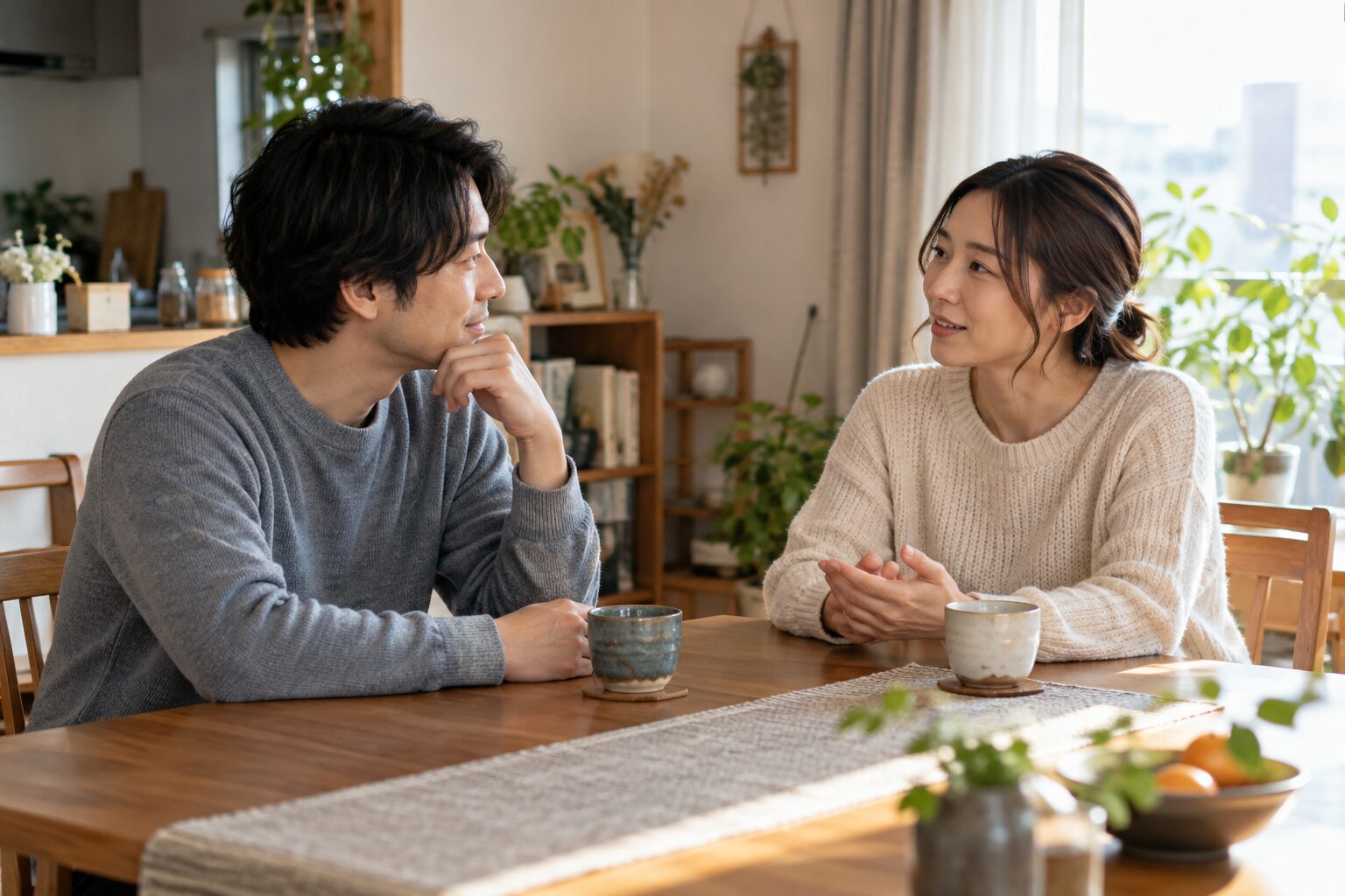 自宅の食卓でお茶を飲みながら、穏やかに気持ちを伝え合う二人