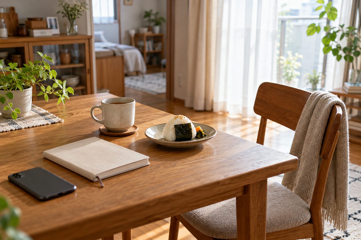 朝の光が入る部屋の食卓に置いたお茶と朝食、ノート、裏返したスマートフォン