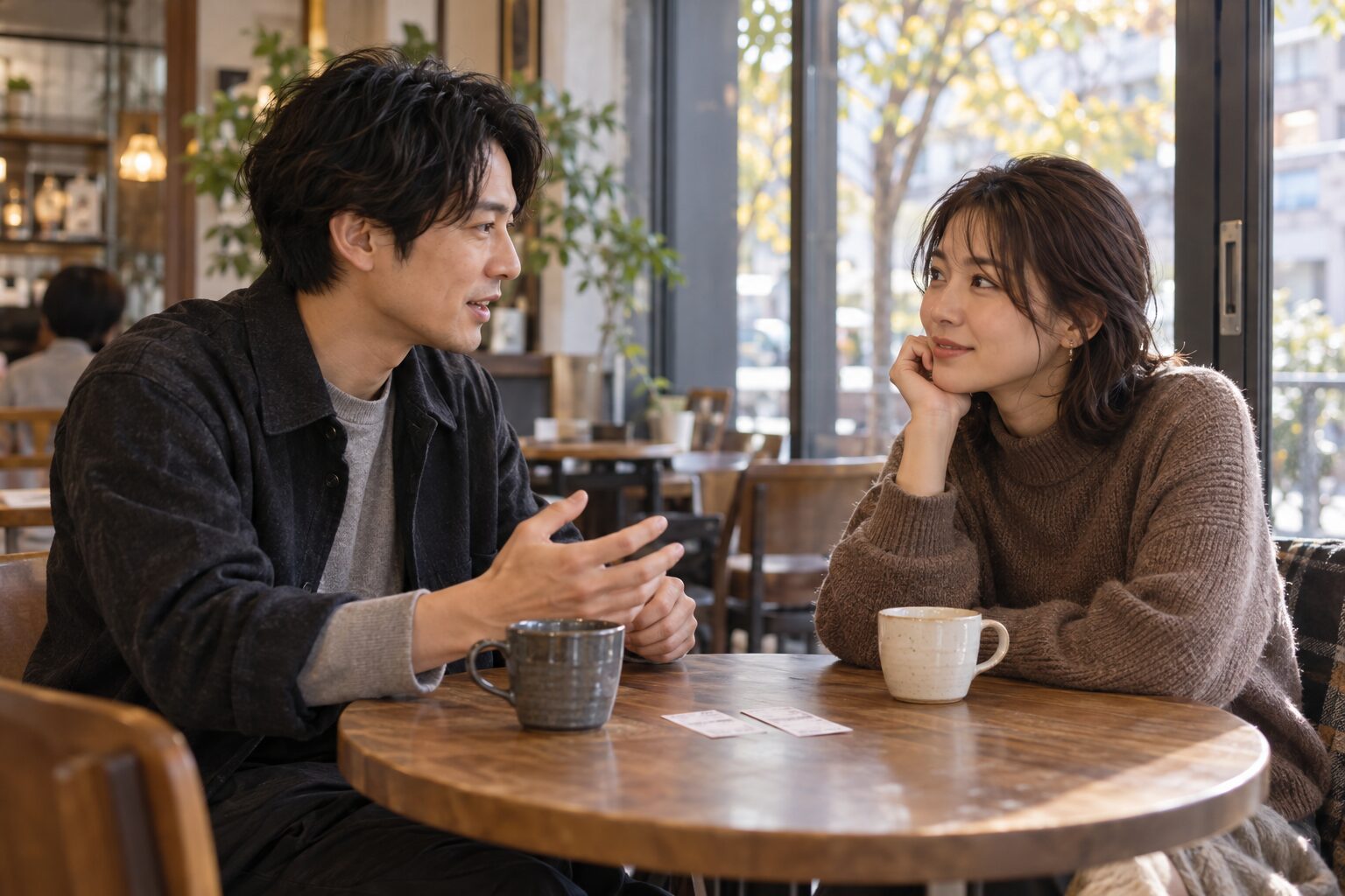 映画を観た後、カフェのテーブルで感想を穏やかに話す二人