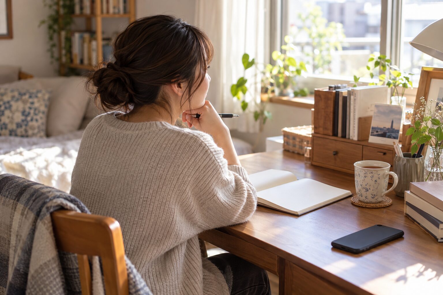 自宅の机でノートを開き、会話を静かに振り返る女性の後ろ姿
