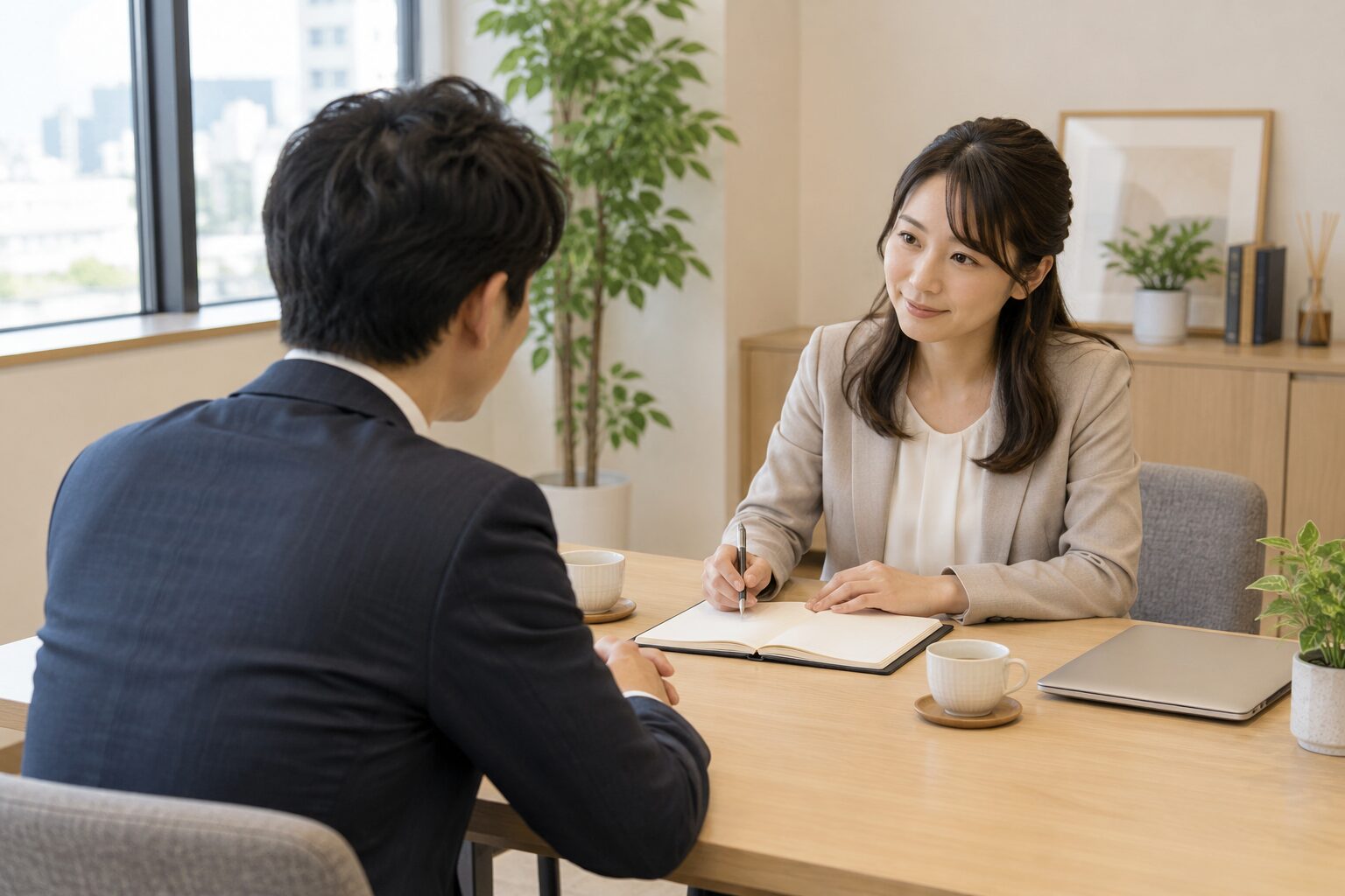 結婚相談所の落ち着いた面談室で担当者に相談する男性